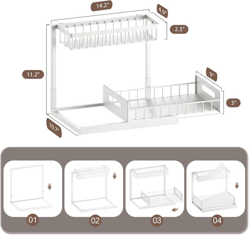 VUSIGN 2 Tier Under Sink Organizer, Slide Out Pull Out Cabinet Organizer, Cabinet Kitchen Bathroom Storage Organization Shelf, 2 Pack, White - Image 5
